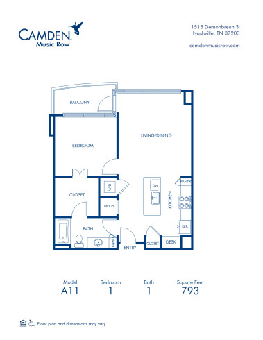Blueprint of A11 Floor Plan, 1 Bedroom and 1 Bathroom at Camden Music Row Apartments in Nashville, TN