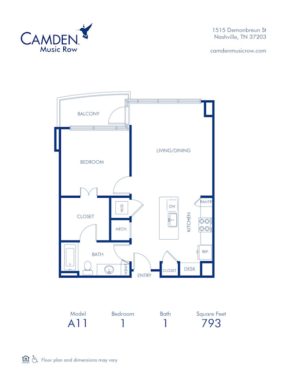 Blueprint of A11 Floor Plan, 1 Bedroom and 1 Bathroom at Camden Music Row Apartments in Nashville, TN