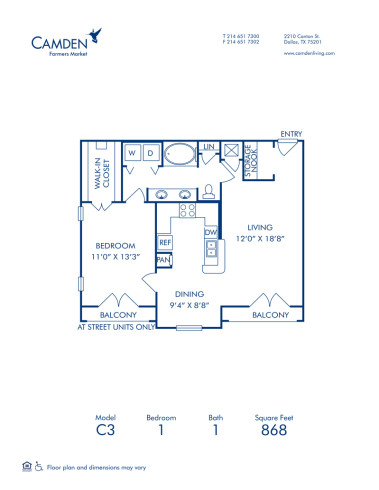 Blueprint of C3 Floor Plan, 1 Bedroom and 1 Bathroom at Camden Farmers Market Apartments in Dallas, TX