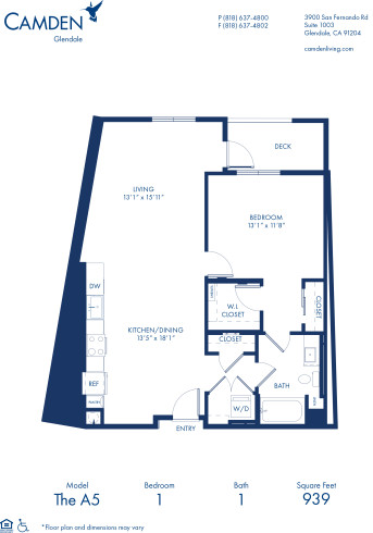 Blueprint of A5 Floor Plan, 1 Bedroom and 1 Bathroom at Camden Glendale Apartments in Glendale, CA