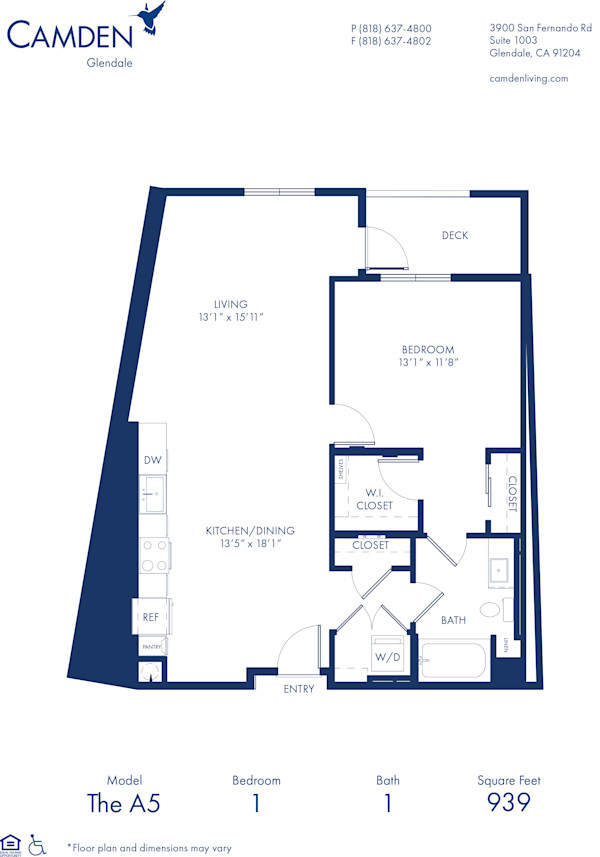Blueprint of A5 Floor Plan, 1 Bedroom and 1 Bathroom at Camden Glendale Apartments in Glendale, CA
