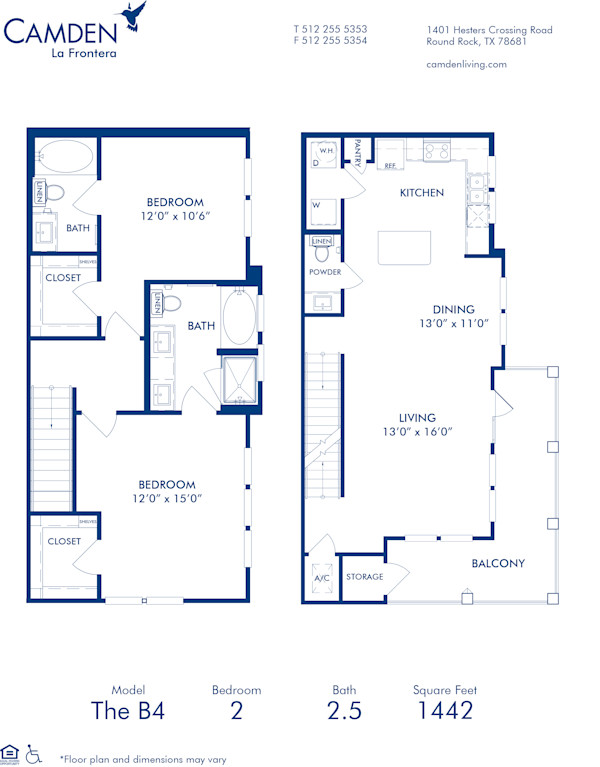 Blueprint of Townhome Floor Plan, 2 Bedrooms and 2 Bathrooms at Camden La Frontera Apartments in Round Rock, TX
