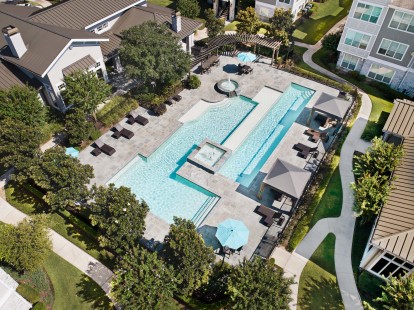 Aerial pool view at Camden Northpointe Apartments in Tomball, TX