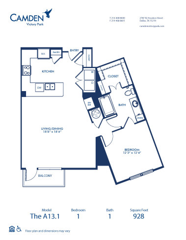 Blueprint of A13.1 Floor Plan, 1 Bedroom and 1 Bathroom at Camden Victory Park Apartments in Dallas, TX