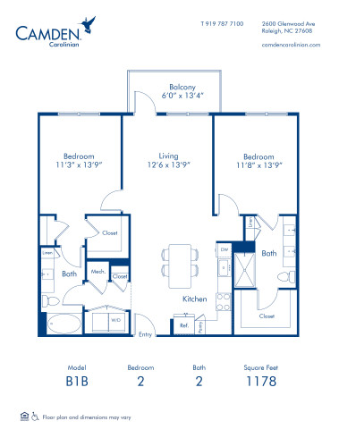 Blueprint of the B1B Two Bedroom, Two Bathroom Floor Plan at Camden Carolinian Apartments in Raleigh, NC