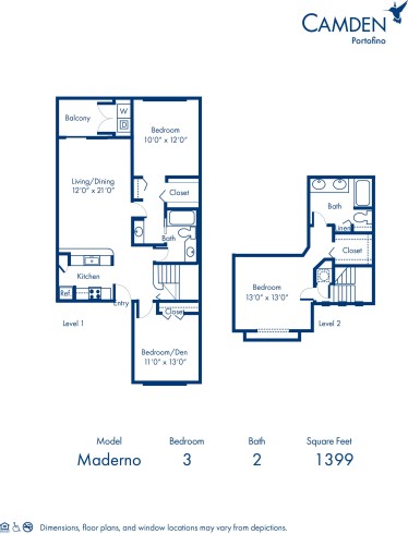 Blueprint of Maderno Floor Plan, 3 Bedrooms and 2 Bathrooms at Camden Portofino Apartments in Pembroke Pines, FL