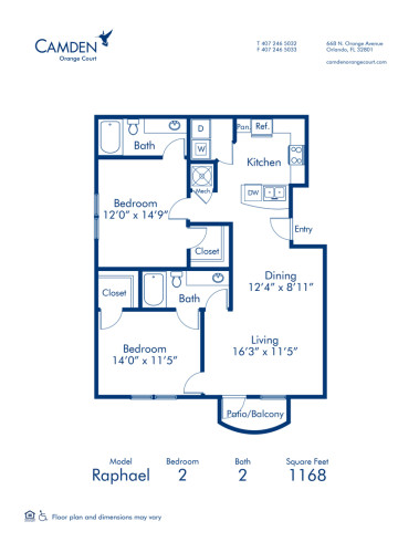 Blueprint of Raphael Floor Plan, 2 Bedrooms and 2 Bathrooms at Camden Orange Court Apartments in Orlando, FL