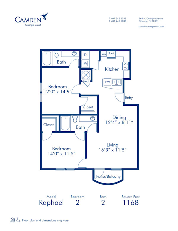 Blueprint of Raphael Floor Plan, 2 Bedrooms and 2 Bathrooms at Camden Orange Court Apartments in Orlando, FL