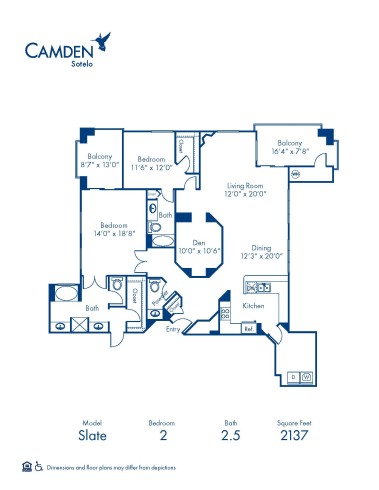 Blueprint of Slate Floor Plan, 2 Bedrooms and 2.5 Bathrooms at Camden Sotelo Apartments in Tempe, AZ