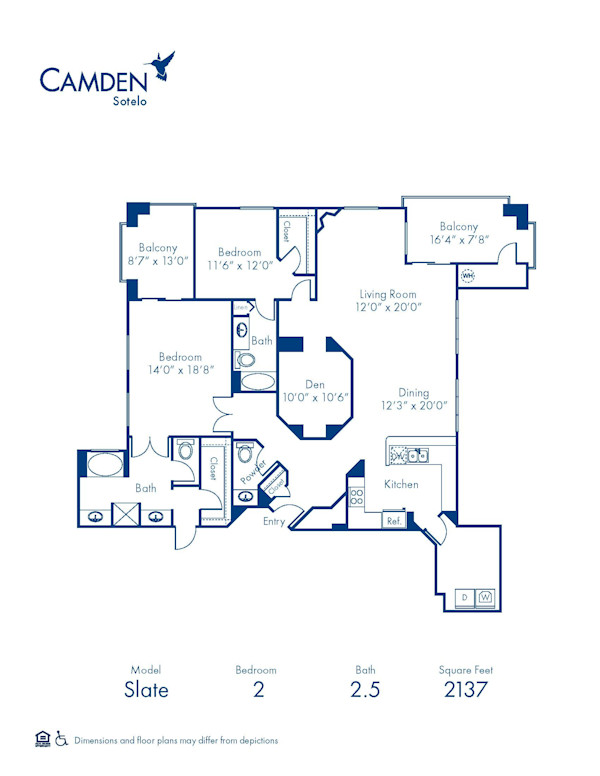 Blueprint of Slate Floor Plan, 2 Bedrooms and 2.5 Bathrooms at Camden Sotelo Apartments in Tempe, AZ