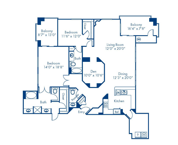 Blueprint of Slate Floor Plan, 2 Bedrooms and 2.5 Bathrooms at Camden Sotelo Apartments in Tempe, AZ