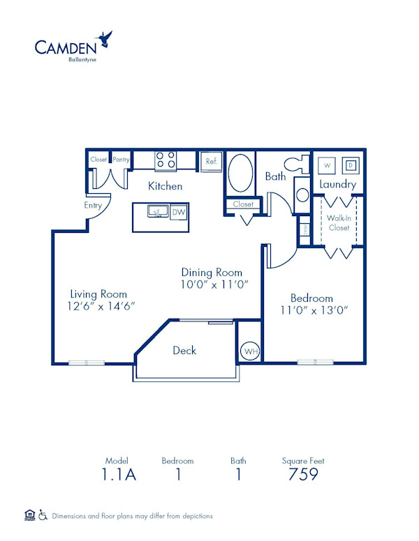 Blueprint of 1.1A Floor Plan, 1 Bedroom and 1 Bathroom at Camden Ballantyne Apartments in Charlotte, NC