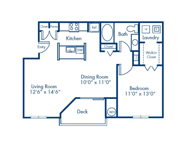 Blueprint of 1.1A Floor Plan, 1 Bedroom and 1 Bathroom at Camden Ballantyne Apartments in Charlotte, NC