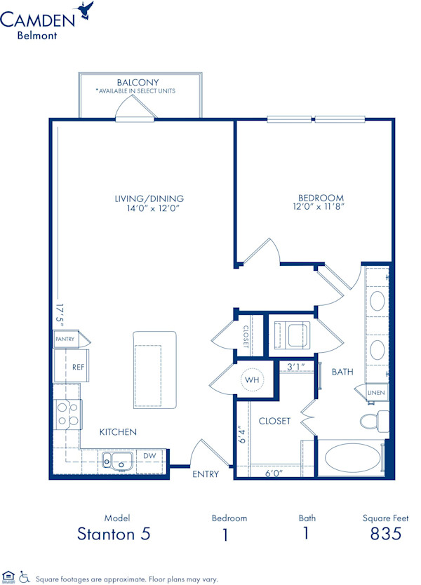 Blueprint of Stanton 5 Floor Plan, 1 Bedroom and 1 Bathroom at Camden Belmont Apartments in Dallas, TX