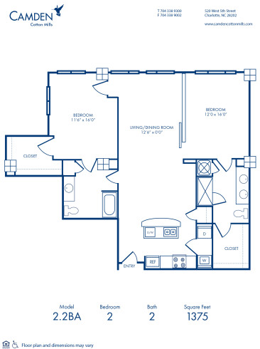 Blueprint of 2.2BA Floor Plan, 2 Bedrooms and 2 Bathrooms at Camden Cotton Mills Apartments in Charlotte, NC