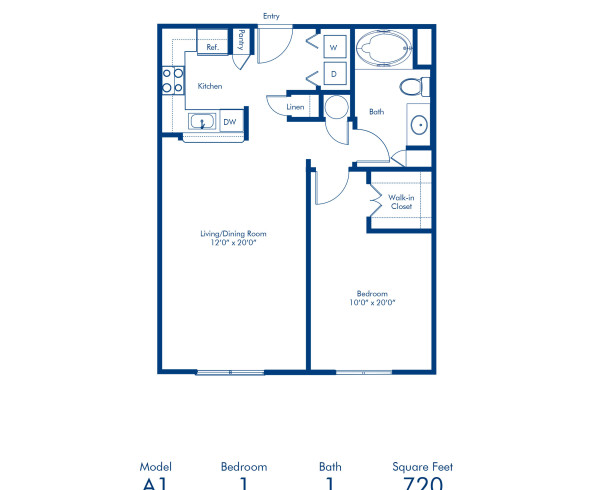 Blueprint of A1 Floor Plan, 1 Bedroom and 1 Bathroom at Camden Vineyards Apartments in Murrieta, CA