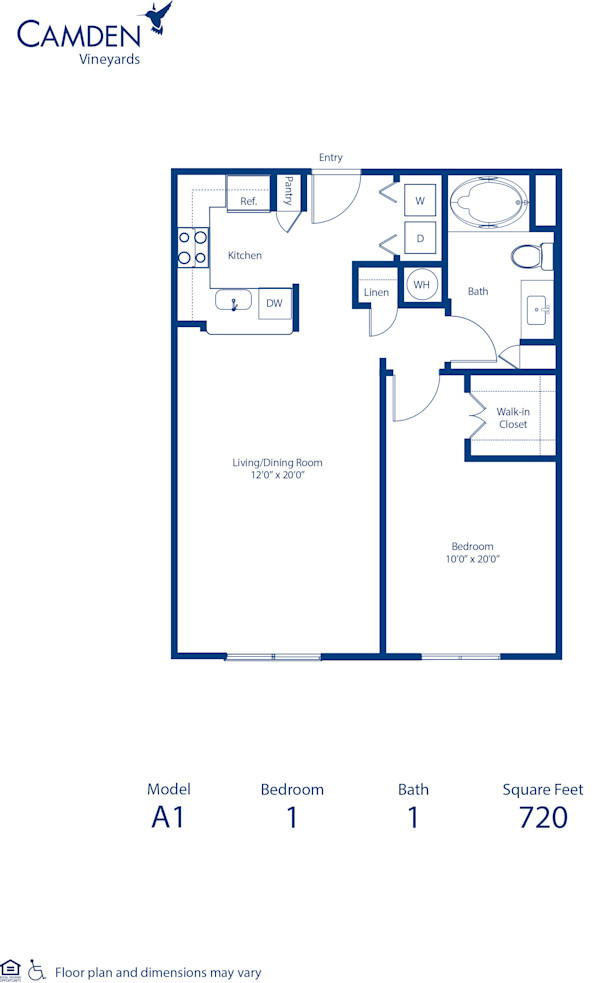 Blueprint of A1 Floor Plan, 1 Bedroom and 1 Bathroom at Camden Vineyards Apartments in Murrieta, CA