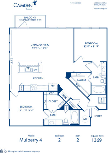 Blueprint of Mulberry 4 Floor Plan, 2 Bedrooms and 2 Bathrooms at Camden Belmont Apartments in Dallas, TX