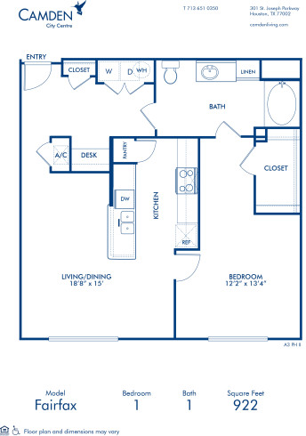 Blueprint of Fairfax II Floor Plan, 1 Bedroom and 1 Bathroom at Camden City Centre II Apartments in Houston, TX