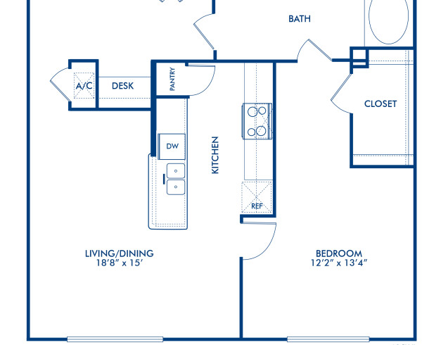Blueprint of Fairfax II Floor Plan, 1 Bedroom and 1 Bathroom at Camden City Centre II Apartments in Houston, TX
