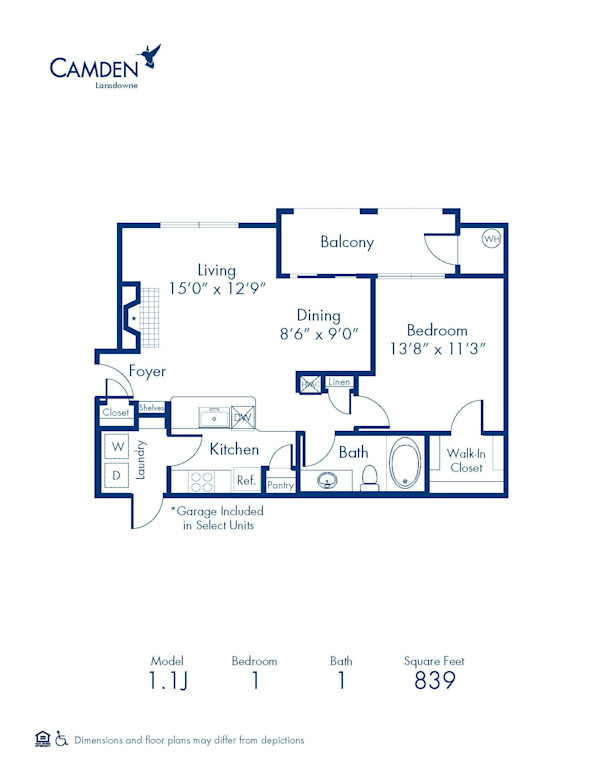 Blueprint of 1.1J Floor Plan, 1 Bedroom and 1 Bathroom at Camden Lansdowne Apartments in Lansdowne, VA