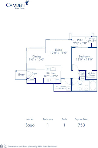 Blueprint of Sago Floor Plan, 1 Bedroom and 1 Bathroom at Camden Royal Palms Apartments in Brandon, FL