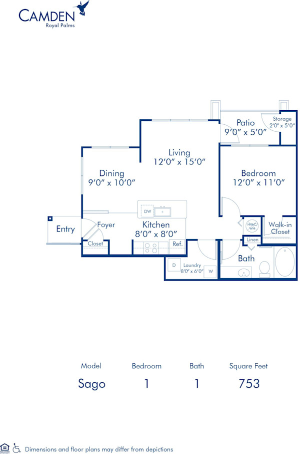 Blueprint of Sago Floor Plan, 1 Bedroom and 1 Bathroom at Camden Royal Palms Apartments in Brandon, FL