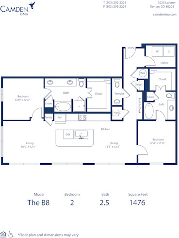 Camden Rino apartments in Denver two bedroom floor plan diagram, The B8