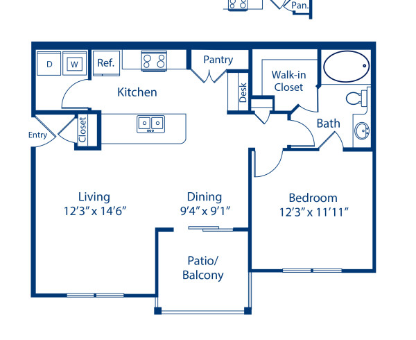 Blueprint of Bergamo Vista - Garage Floor Plan, 1 Bedroom and 1 Bathroom at Camden Riverwalk Apartments in Grapevine, TX