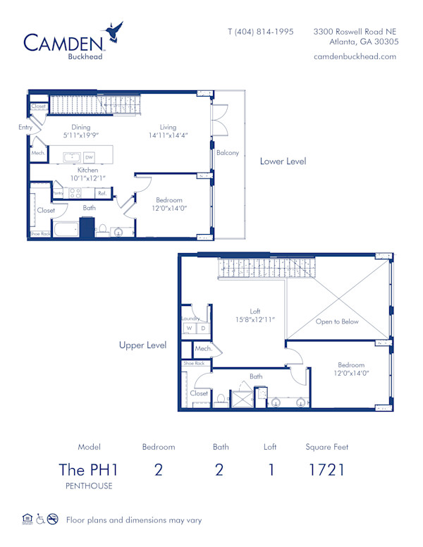 2 bed x 2 bath floor plan (PH1) at Camden Buckhead apartments in Atlanta, GA