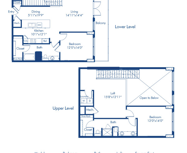 Camden Buckhead apartments in Atlanta, GA, 2 bed, 2 bath floor plan TH1