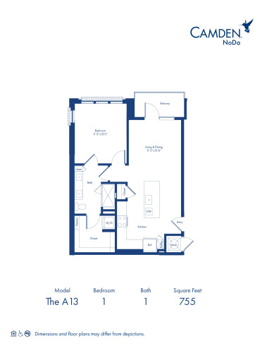 The A13 floor plan, 1 bed, 1 bath at Camden NoDa Apartments in Charlotte, NC