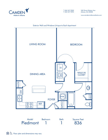 Blueprint of Piedmont Floor Plan, 1 Bedroom and 1 Bathroom at Camden Midtown Atlanta Apartments in Atlanta, GA