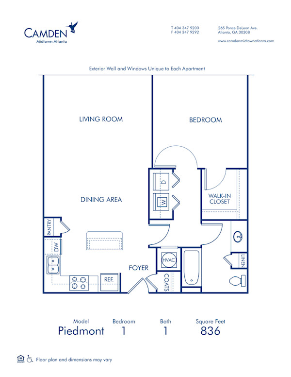 Blueprint of Piedmont Floor Plan, 1 Bedroom and 1 Bathroom at Camden Midtown Atlanta Apartments in Atlanta, GA
