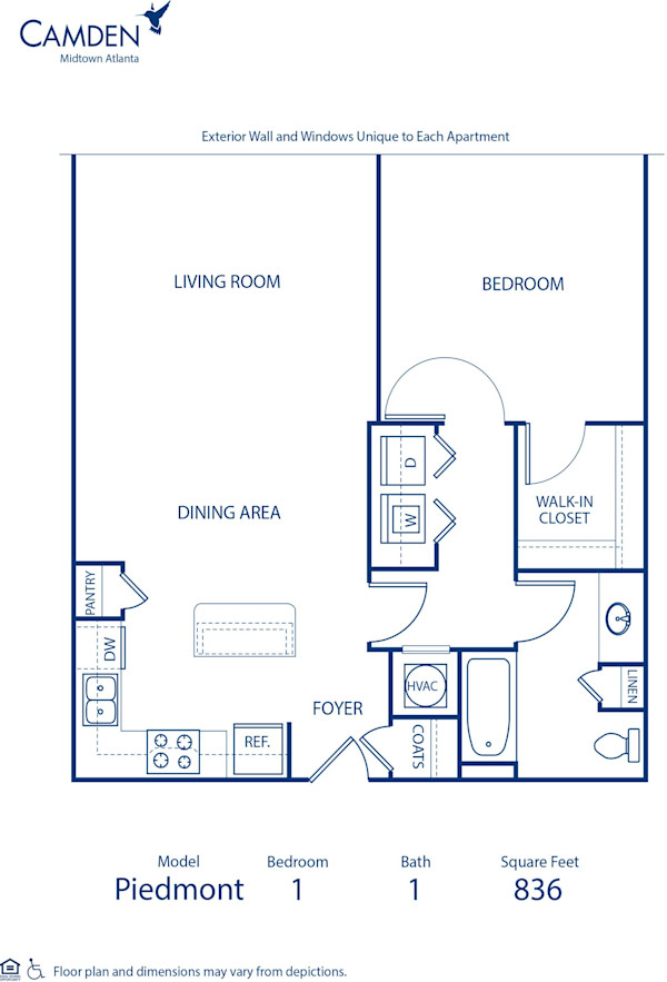 Blueprint of Piedmont Floor Plan, 1 Bedroom and 1 Bathroom at Camden Midtown Atlanta Apartments in Atlanta, GA