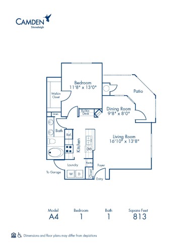 Blueprint of A4 Floor Plan, 1 Bedroom and 1 Bathroom at Camden Stoneleigh Apartments in Austin, TX