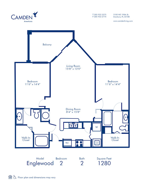 Blueprint of Englewood Floor Plan, 2 Bedrooms and 2 Bathrooms at Camden Aventura Apartments in Aventura, FL