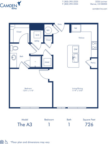 Camden Rino apartments in Denver one bedroom floor plan diagram, The A3