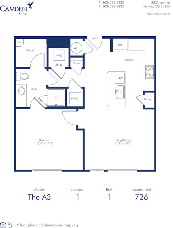 Camden Rino apartments in Denver one bedroom floor plan diagram, The A3
