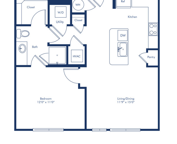 Camden Rino apartments in Denver one bedroom floor plan diagram, The A3