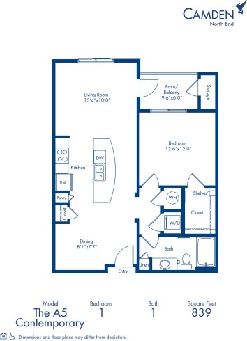 Blueprint of A5 Floor Plan, Apartment Home with 1 Bedroom and 1 Bathroom at Camden North End in Phoenix, AZ