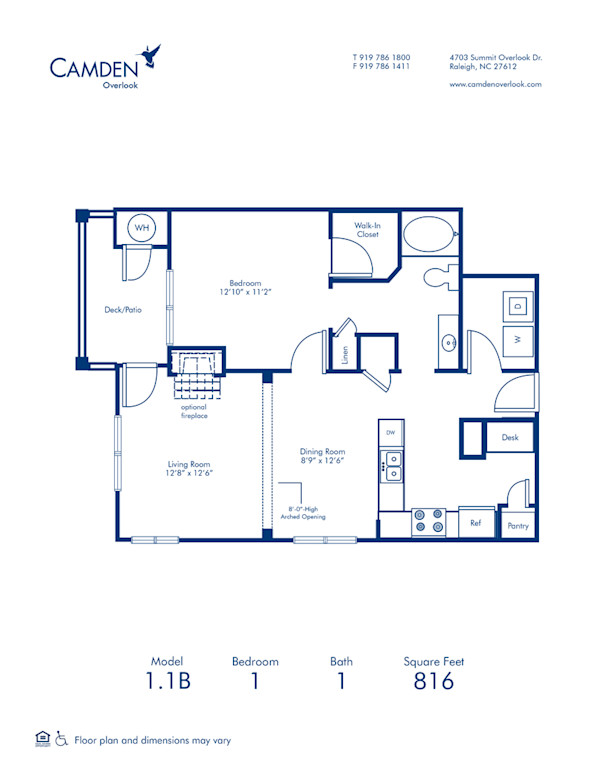 Blueprint of 1.1B Floor Plan, 1 Bedroom and 1 Bathroom at Camden Overlook Apartments in Raleigh, NC