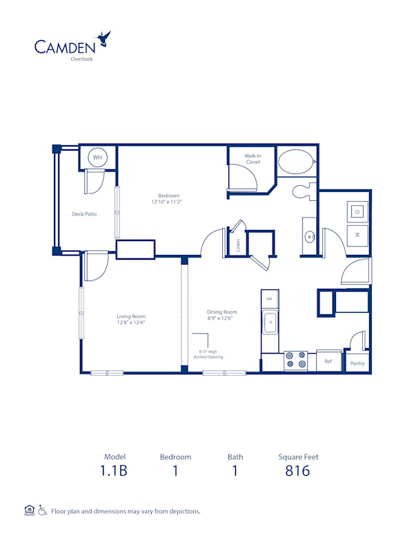 Blueprint of 1.1B Floor Plan, 1 Bedroom and 1 Bathroom at Camden Overlook Apartments in Raleigh, NC