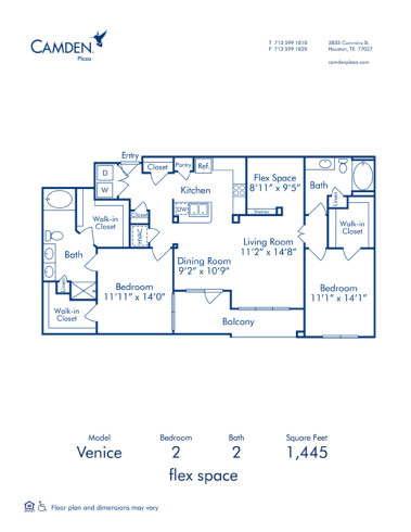 Blueprint of Venice Floor Plan, 2 Bedrooms and 2 Bathrooms at Camden Plaza Apartments in Houston, TX