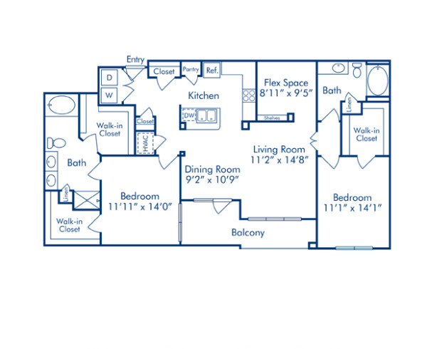 Blueprint of Venice Floor Plan, 2 Bedrooms and 2 Bathrooms at Camden Plaza Apartments in Houston, TX