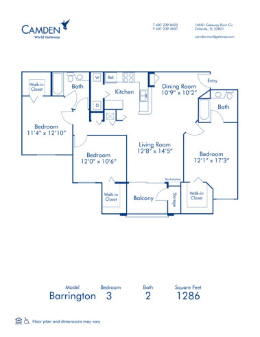 Blueprint of Barrington Floor Plan, 3 Bedrooms and 2 Bathrooms at Camden World Gateway Apartments in Orlando, FL