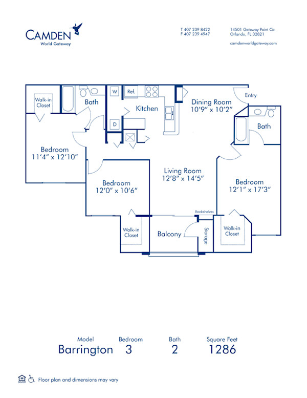 Blueprint of Barrington Floor Plan, 3 Bedrooms and 2 Bathrooms at Camden World Gateway Apartments in Orlando, FL