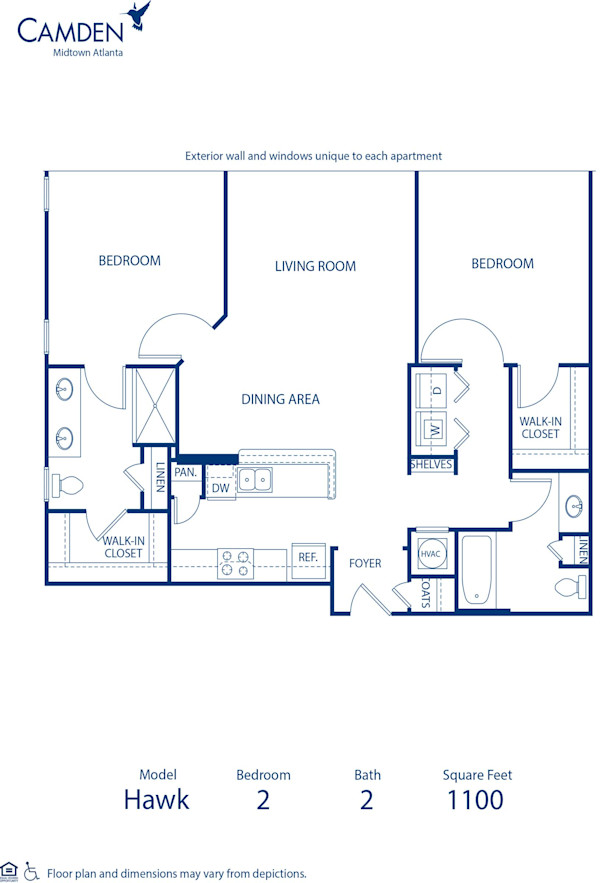 Blueprint of Hawk Floor Plan, 2 Bedrooms and 2 Bathrooms at Camden Midtown Atlanta Apartments in Atlanta, GA