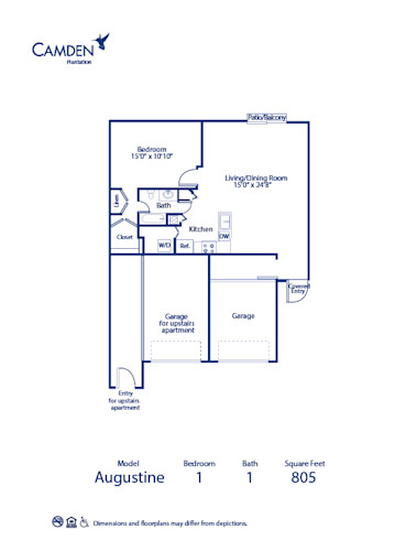 Blueprint of Augustine Floor Plan, 1 Bedroom and 1 Bathroom at Camden Plantation Apartments in Plantation, FL