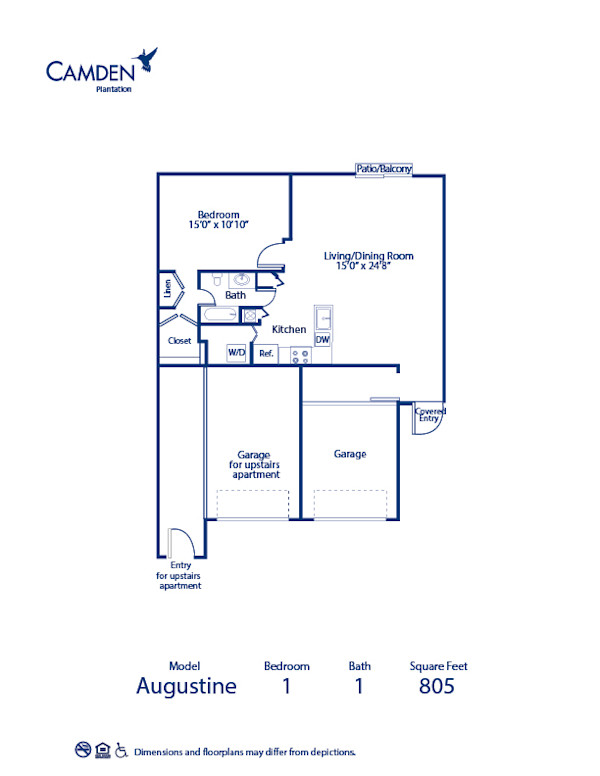 Blueprint of Augustine Floor Plan, 1 Bedroom and 1 Bathroom at Camden Plantation Apartments in Plantation, FL